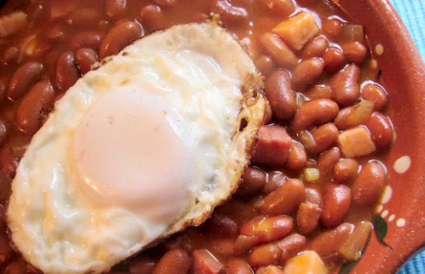 Beans with Bacon and Fried Egg