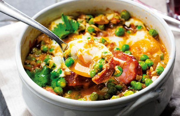 Pea Stew with Poached Eggs